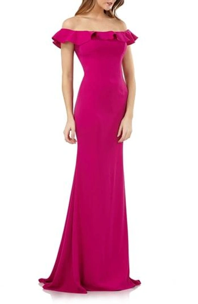 Carmen Marc Valvo Infusion Off The Shoulder Ruffle Neck Gown In Fuchsia