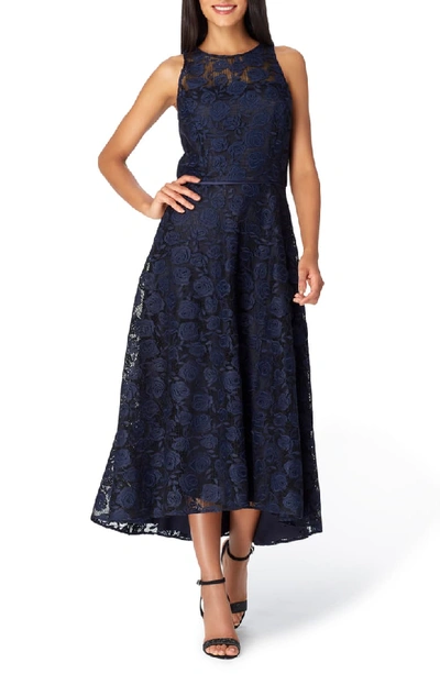 Tahari Floral Embroidery Sleeveless Midi Dress In Black/ Navy Blue