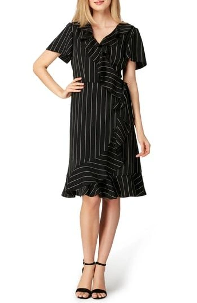 Tahari Stripe Ruffle Faux Wrap Dress In Black/ Ivory