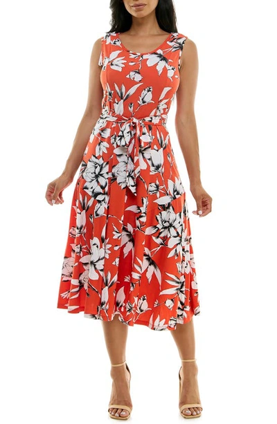 Nina Leonard Crewneck Sleeveless Midi Dress In Bright Orange/ Ivory