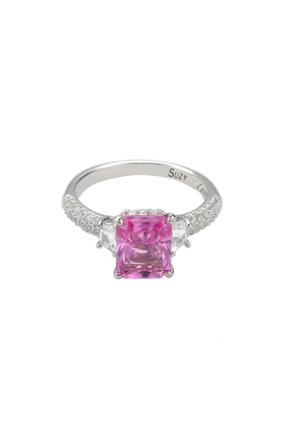 Suzy Levian Sterling Silver Rectangular Sapphire Diamond Accent Ring In Pink