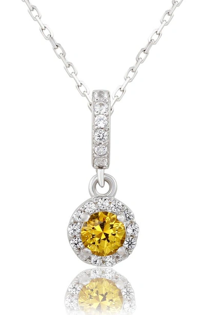 Suzy Levian Sterling Silver Yellow Sapphire & Lab Created White Sapphire Halo Pendant Necklace In Metallic