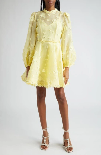 Zimmermann Matchmaker Floral Appliqué Long Sleeve Linen & Silk Organza Minidress In Yellow