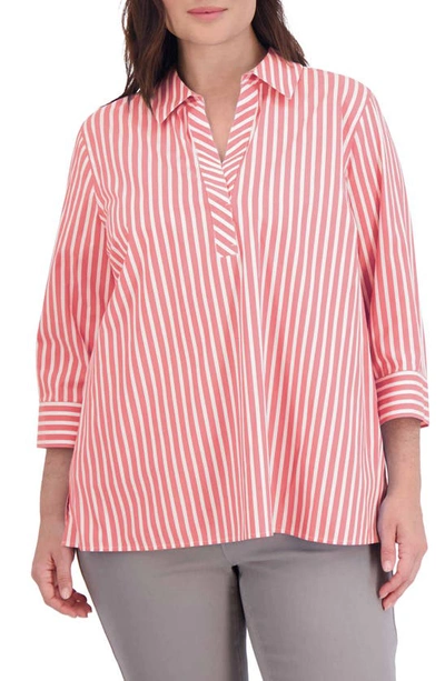 Foxcroft Sophia Stripe Three-quarter Sleeve Stretch Button-up Shirt In Tangerine