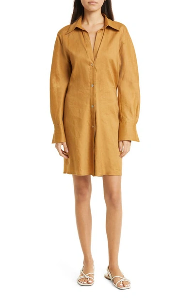 Vince Long Sleeve Stretch Linen Blend Shirtdress In Orange