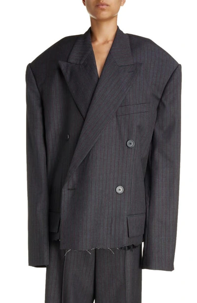 Balenciaga Pinstripe Raw Hem Oversize Wool Crop Blazer In Grey/ Red