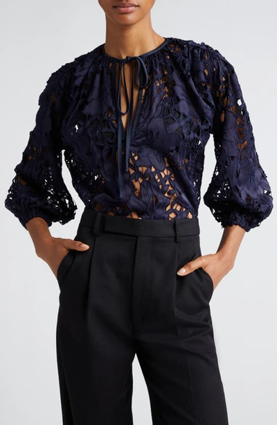 Ramy Brook Mikayla Floral Lace Top In Navy Sateen Floral Cutout