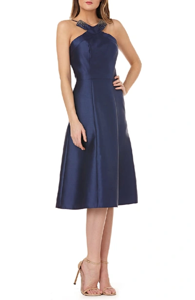 Kay Unger Fit-and-flare Halter Dress W/ Beading In Navy