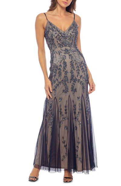 Marina Beaded V-neck Gown In Navy