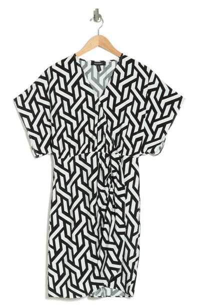 Ellen Tracy Geo Print Short Sleeve Faux Wrap Dress In Black/ Marshmallow Geo