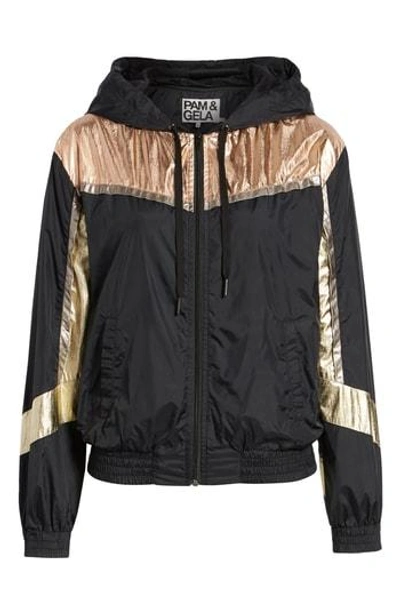 Pam & Gela Metallic Colorblock Hooded Windbreaker In Black