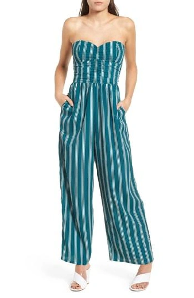 Band Of Gypsies Stripe Strapless Jumpsuit In Teal