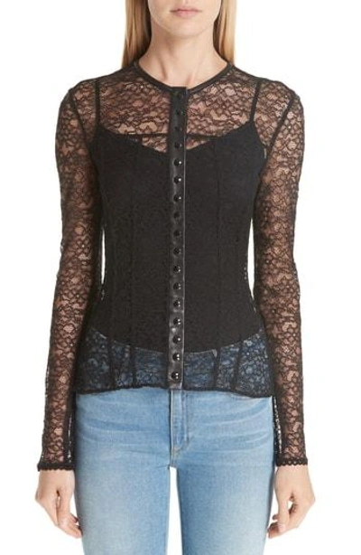 Alexander Wang Leather Trim Lace Blouse In Black