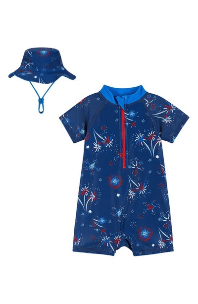 Andy & Evan Baby Boy's Sailboat Print Rashguard One-piece & Bucket Hat Set In Navy