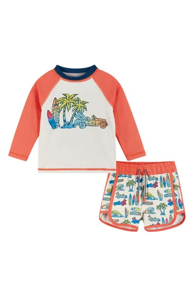 Andy & Evan Babies' Surfboard Rashguard T-shirt & Swim Shorts Set In Orange Surf