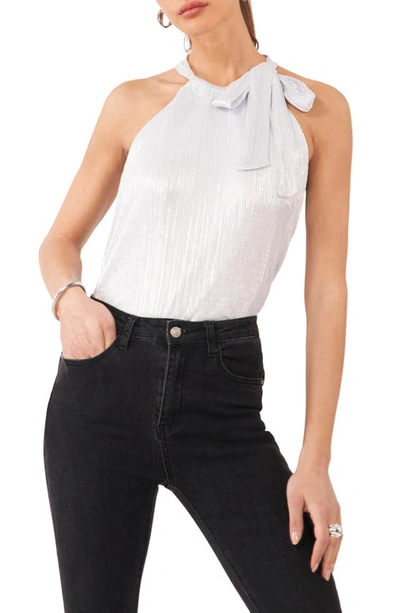 1.state Tie Neck Sleeveless Plissé Top In Silver/ivory