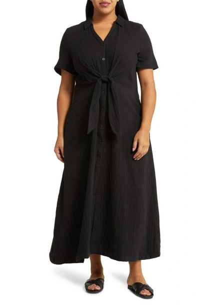 Caslon Tie Front Cotton Gauze Maxi Dress In Black