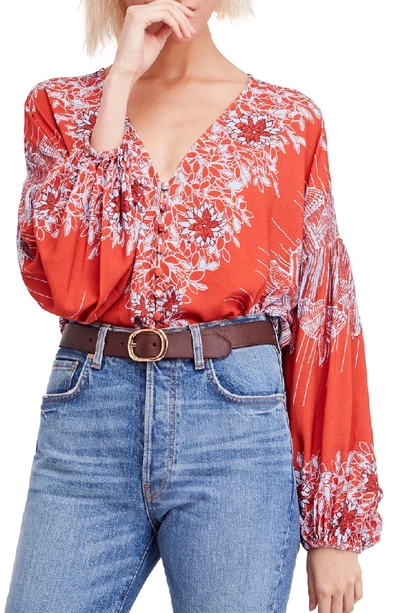 Free People Floral-print V-neck Blouse In Red