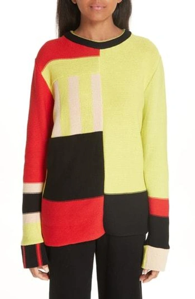 Eckhaus Latta Multistripe Cotton Sweater In Chartreuse Beige Black Red