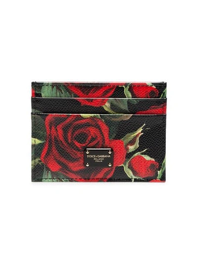 Dolce & Gabbana Multicolour Rose Print Leather Cardholder - Black