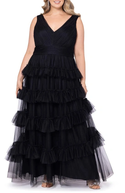 Betsy & Adam Print Tiered Mesh Gown In Black