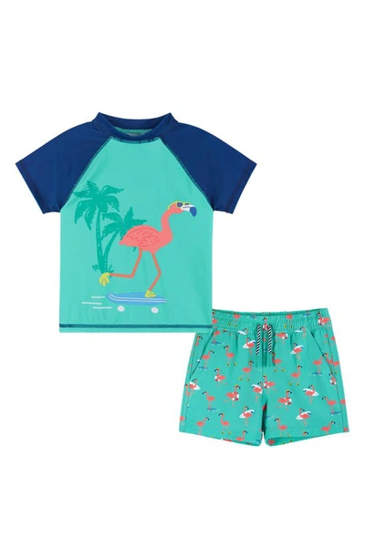 Andy & Evan Babies'  Flamingo Rashguard T-shirt & Swim Shorts Set In Aqua Flamingo