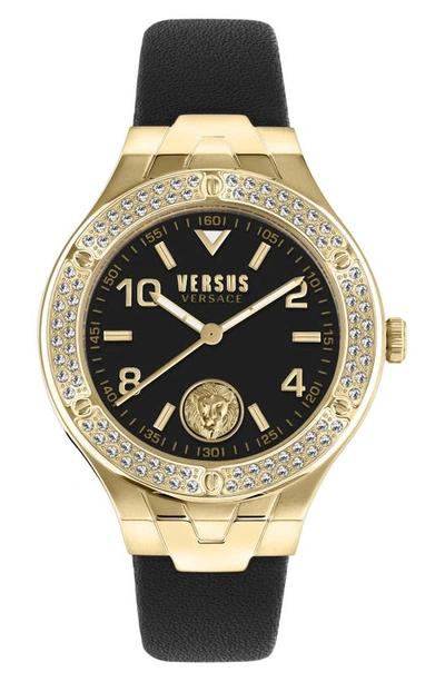 Versus Versace Vittoria Crystal Leather Strap Watch, 38mm In Ip Yellow Gold