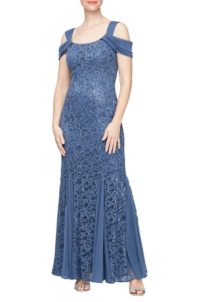 Alex Evenings Sequin Cold Shoulder Lace Gown In Wedgewood