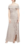 Alex Evenings Sequin Off The Shoulder Lace Gown In Buff