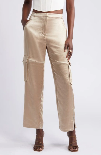 Open Edit Satin Cargo Pants In Tan Oxford