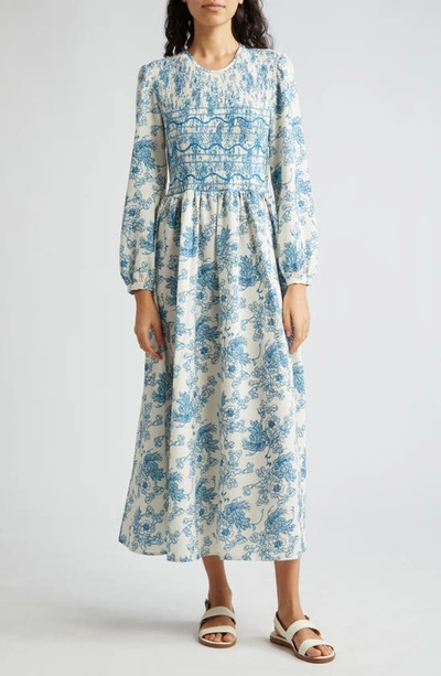 Loretta Caponi Lea Floral Print Long Sleeve Smocked Maxi Dress In Poppies In The Air
