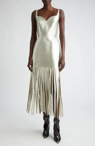 Alexander Mcqueen Fringe Metallic Lambskin Leather Dress In Champagne