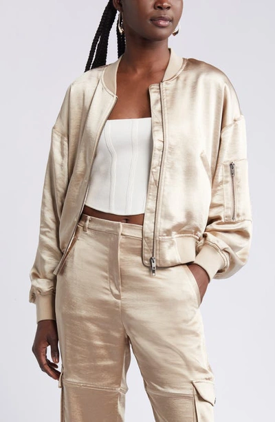 Open Edit Satin Bomber Jacket In Tan Oxford