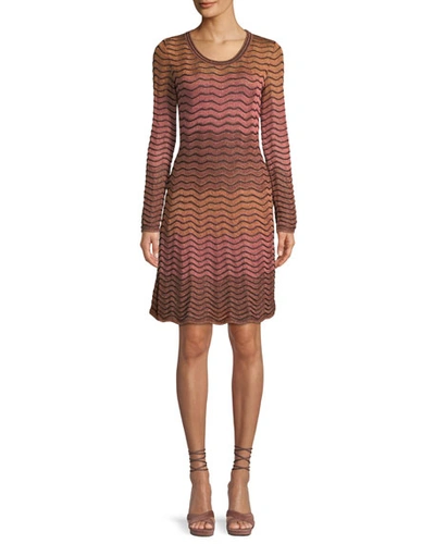 M Missoni Long-sleeve Metallic Ripple Knit Dress In Coral