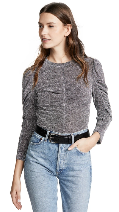 Rebecca Taylor Ruched Metallic 3/4-sleeve Top In Silver