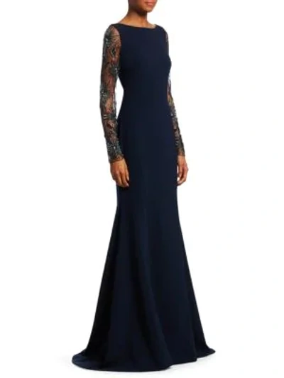 Theia Crepe Trumpet Gown W/ Beaded Sleeves In Navy