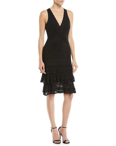 Herve Leger V-neck Sleeveless Bandage Knit Body-con Cocktail Dress W/ Lace In Black