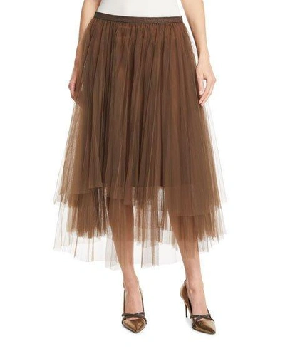 Brunello Cucinelli Monili-waistband Pleated Tulle Midi Skirt In Brown