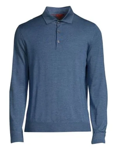 Isaia Cashmere And Silk Long Sleeve Polo In Blue
