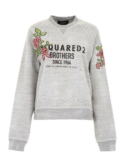 Dsquared2 Logo Flowers Sweatshirt In Grey Melange|grigio