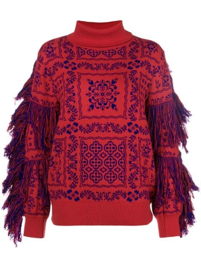Sacai Fringed Turtleneck Sweater In Red