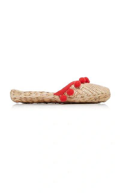 Rae Feather M'o Exclusive: Monogram Pom Pom Straw Slippers In Red
