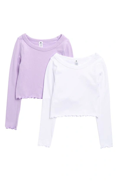 Yogalicious Kids' Pack Of 2 Lettuce Edge Hem Long Sleeve Top In White Orchid Bloom