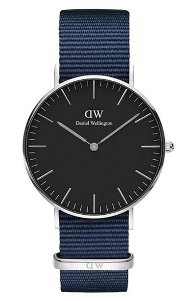 Daniel Wellington Classic Bayswater Nylon Strap Watch, 36mm In Blue/ Black / Silver