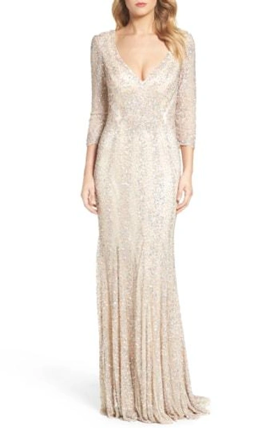 Mac Duggal Sequin Gown In Platinum/ Nude