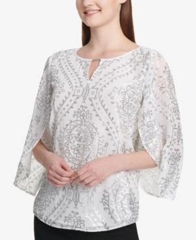 Calvin Klein Sequined Tulip-sleeve Top In Soft White