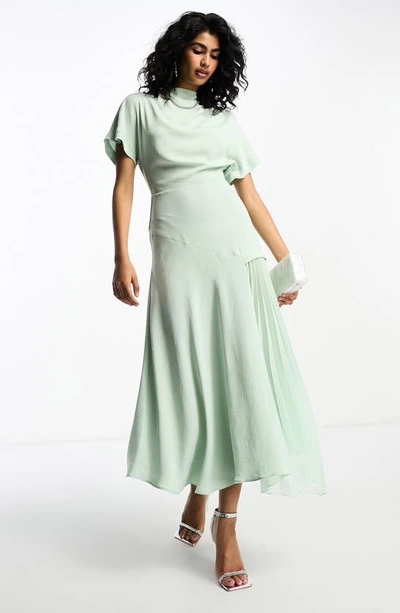 Asos Design Flutter Sleeve Hammered Satin Midi Dress In Light Green