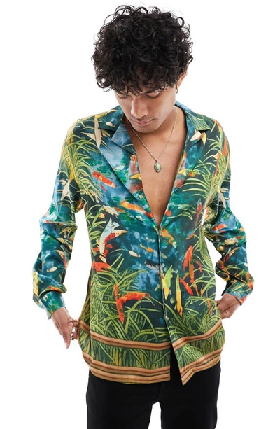 Asos Design Tropical Print Satin Button-up Shirt In Dark Green