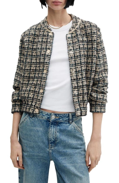 Mango Dolors Tweed Bomber Jacket In Navy