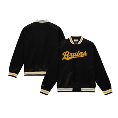 Mitchell & Ness Men's  Black Boston Bruins 100th Anniversary Satin Raglan Full-snap Jacket
